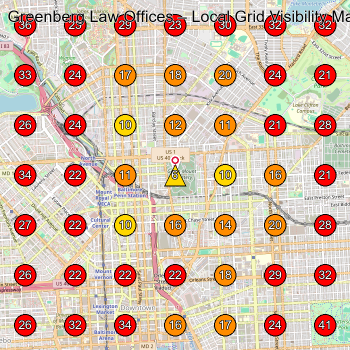 Greenberg Law Offices GeoGrid visibility map for Personal Injury Attorney in Baltimore